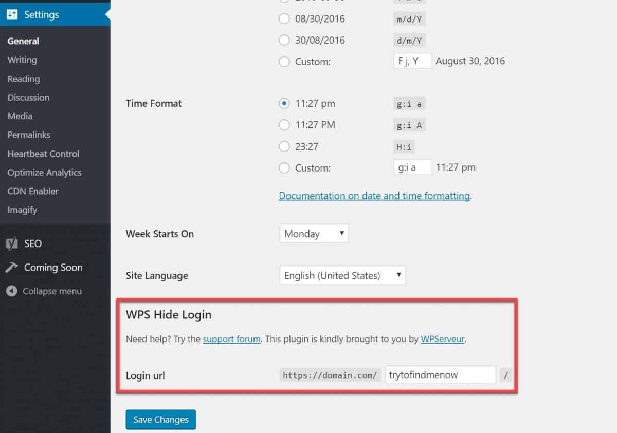 WPS Hide Login plugin configuration in WordPress dashboard 
