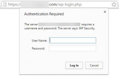 Screenshot of a site requiring username/password authentication to access WordPress login page