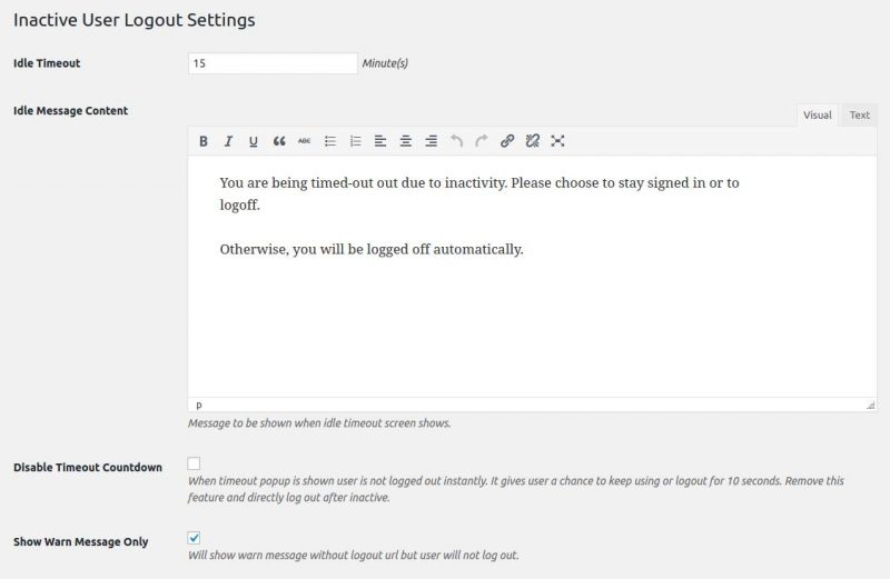 Screenshot of inactive logout configuration