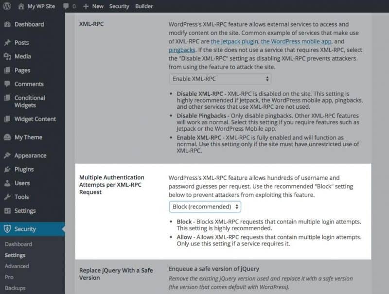 Screenshot of how to block XML-RPC using iThemes plugin