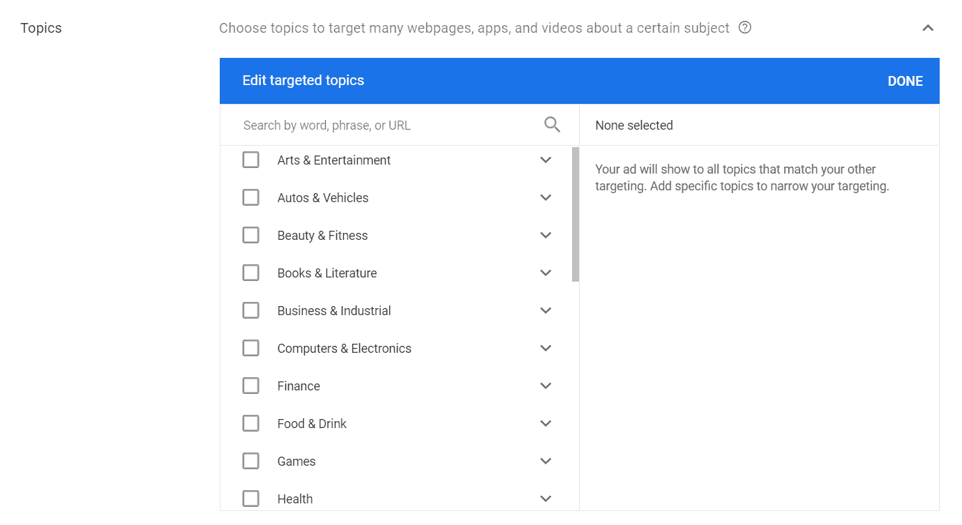 image showing an example of google ads topic targeting