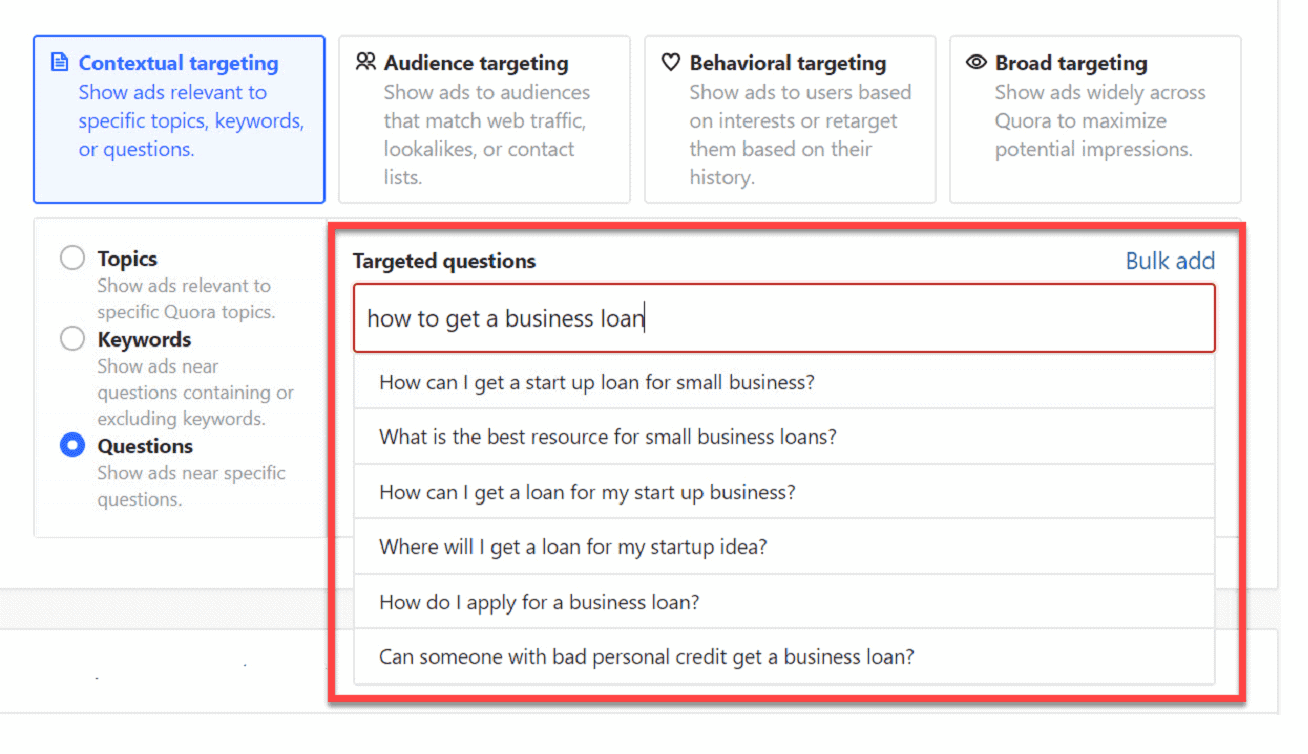 Image displaying Quora's targeting options to reach new audiences
